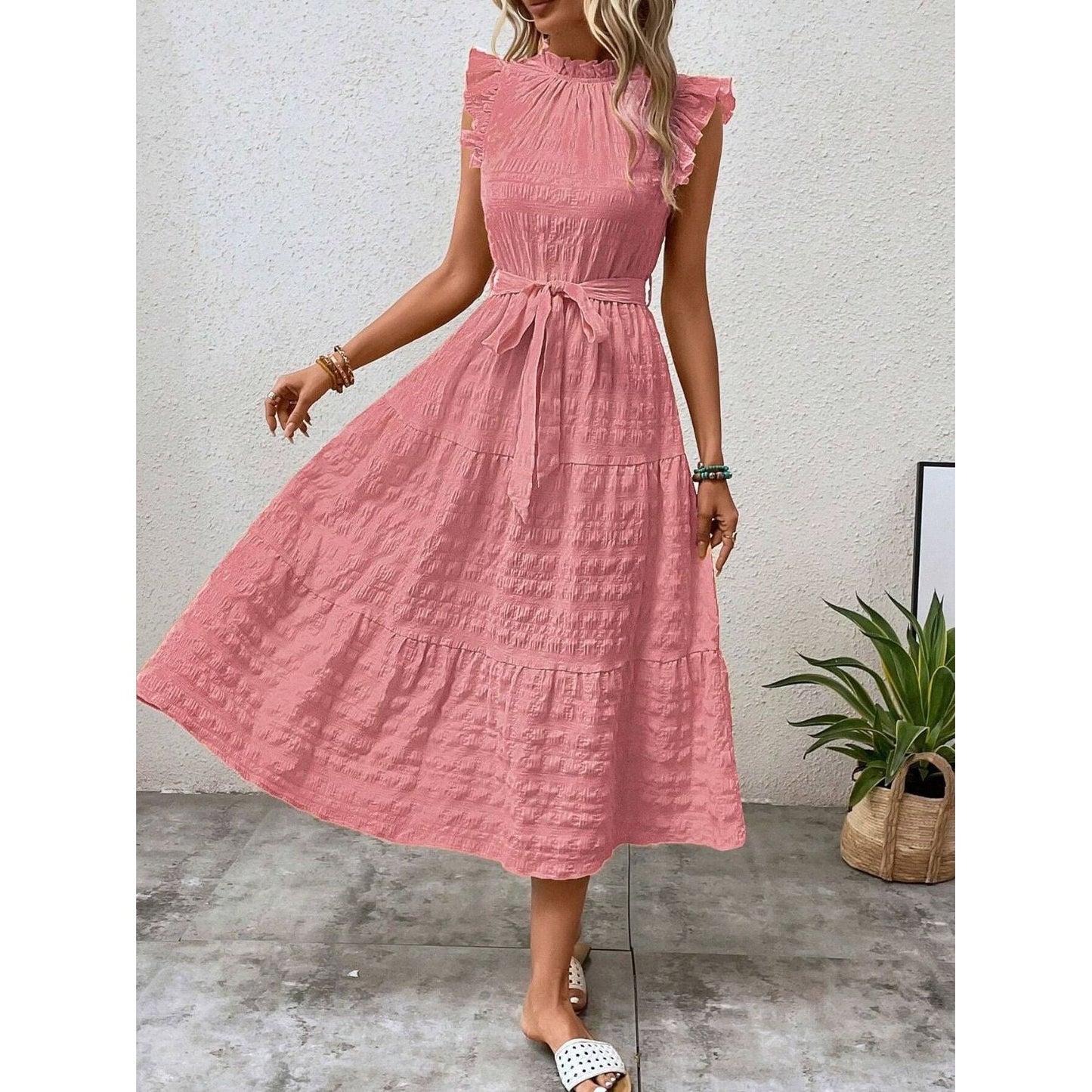 Tied Ruffled Cap Sleeve Midi Dress