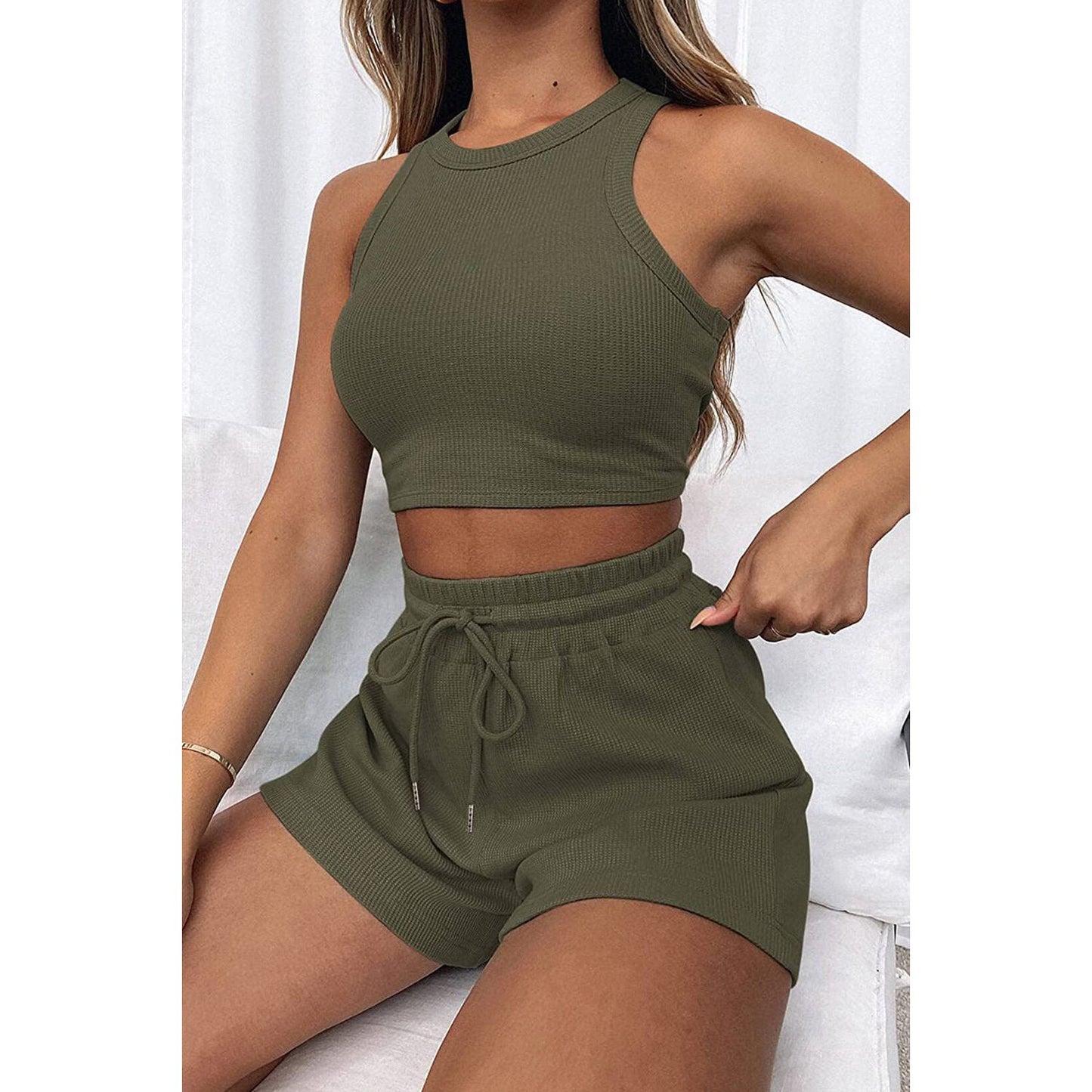 Round Neck Top and Drawstring Shorts Set