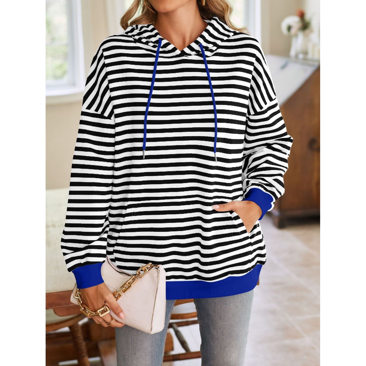 Lovelet Drawstring Striped Long Sleeve Hoodie