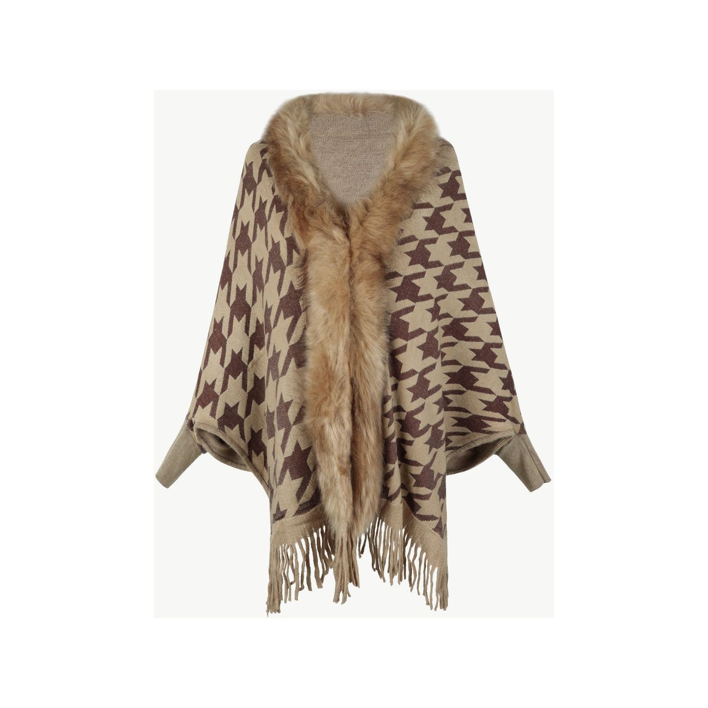 Houndstooth Fringe Hem Poncho