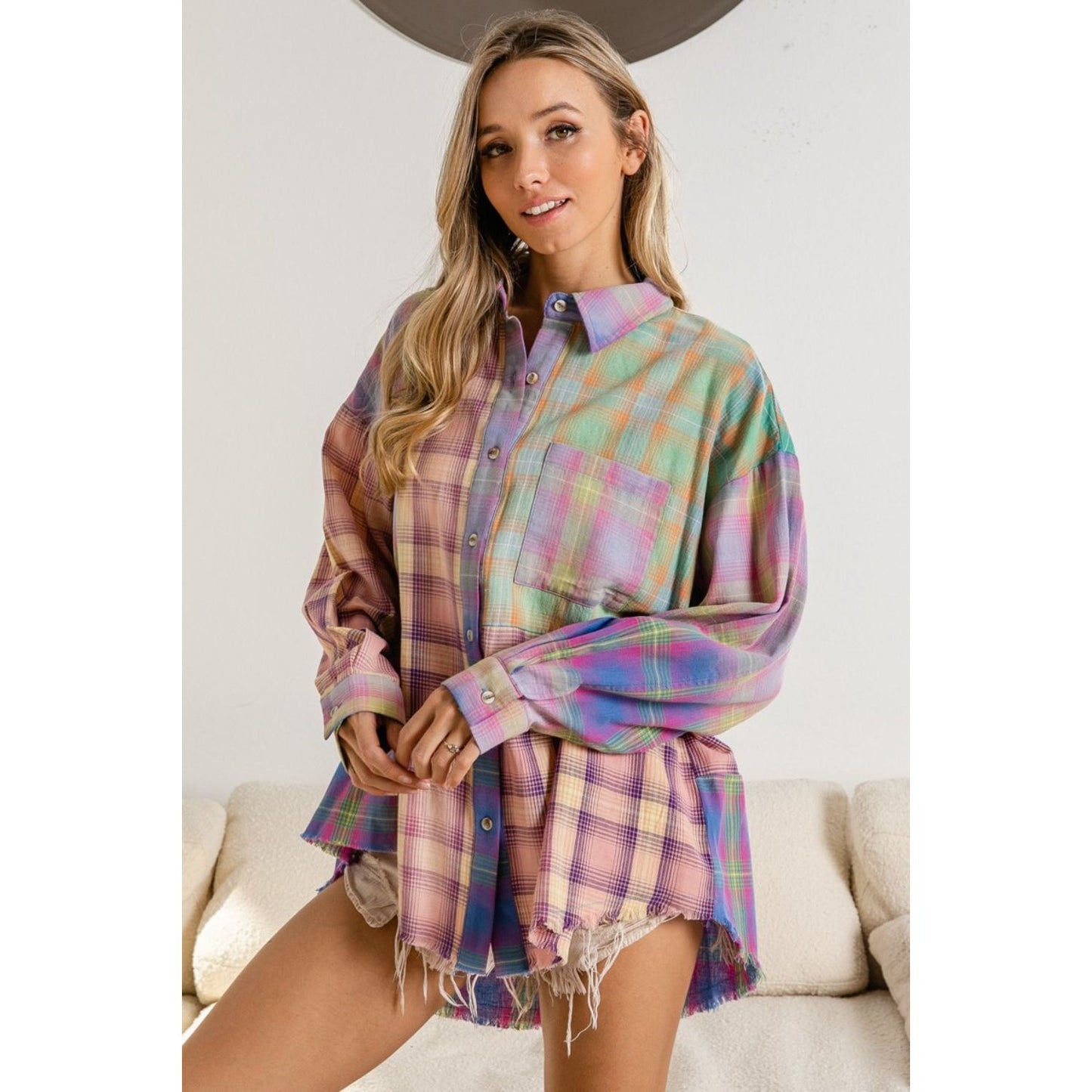 BiBi Plaid Color Block Button Up Shirt