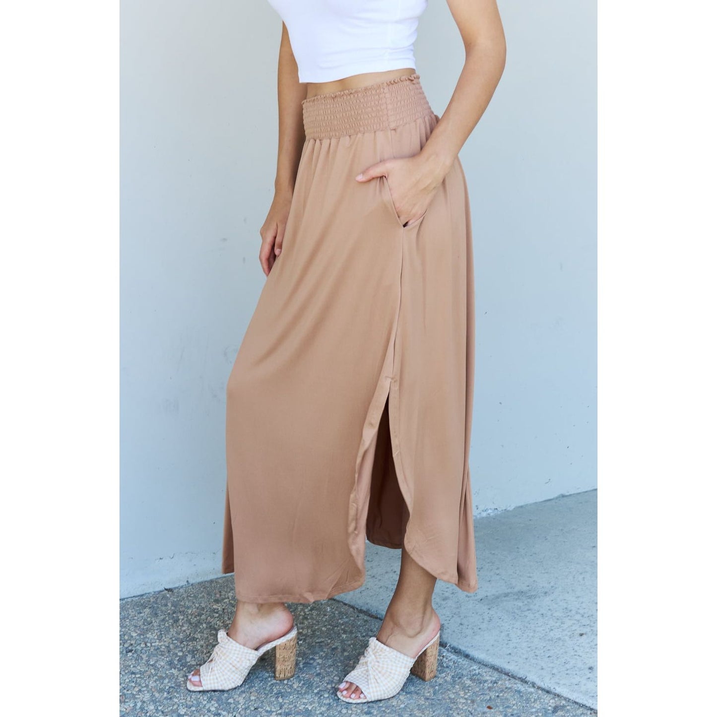 Doublju Comfort Princess Full Size High Waist Scoop Hem Maxi Skirt in Tan