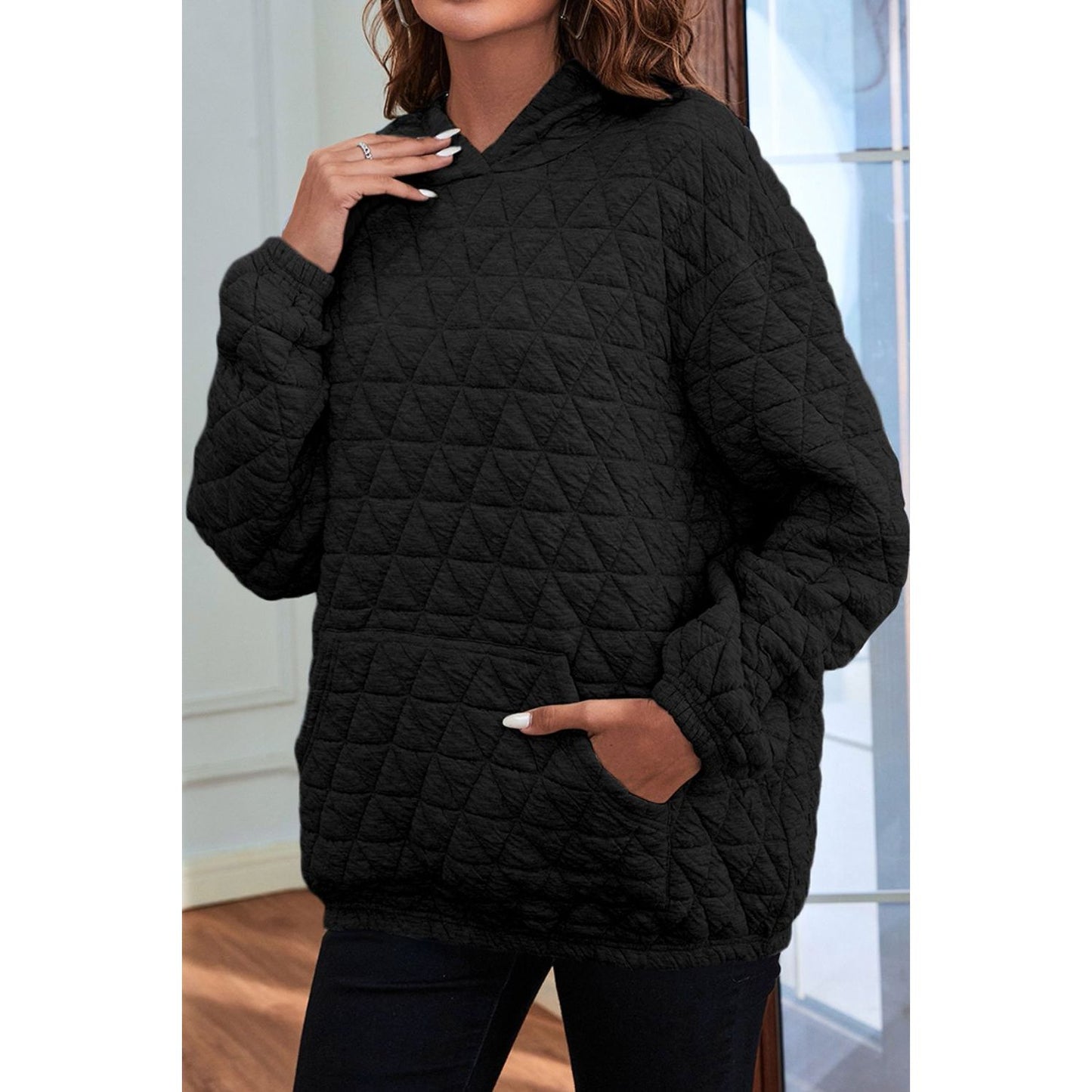 Quilted Long Sleeve Hoodie with Pocket