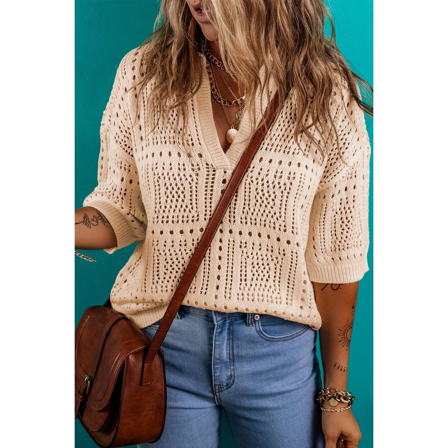 Openwork Johnny Collar Half Sleeve Knit Top