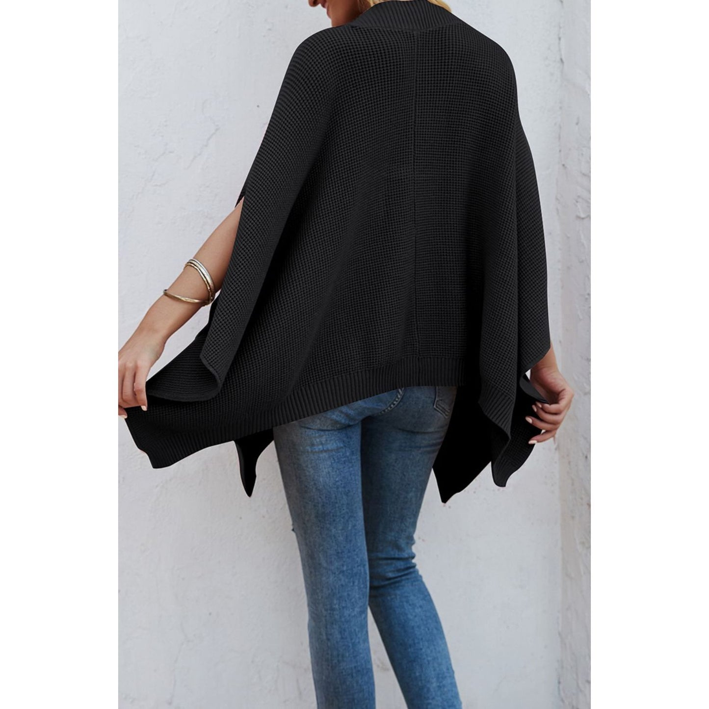 Waffle-Knit Pocketed Cape Sleeve Sweater