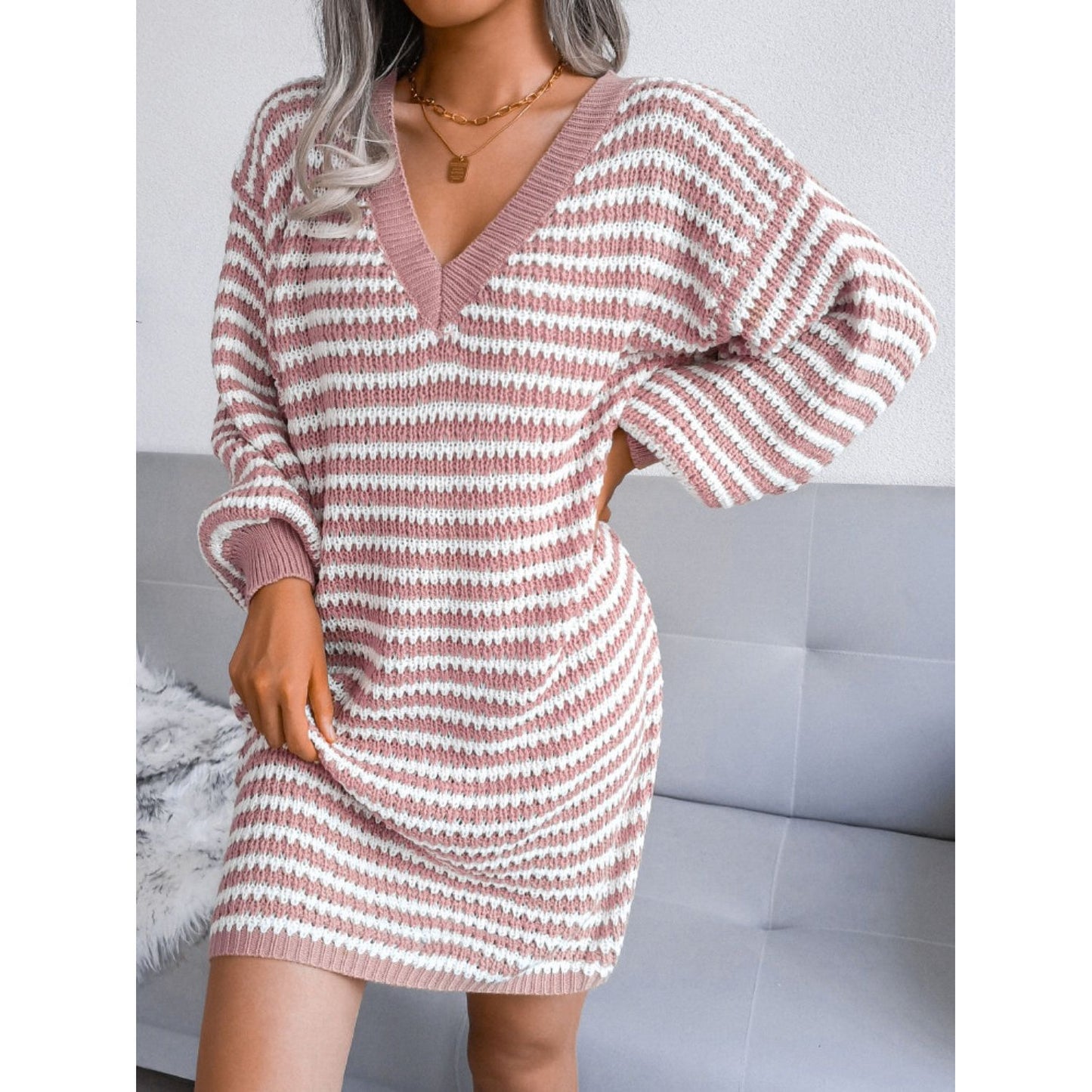 Striped V-Neck Long Sleeve Mini Sweater Dress