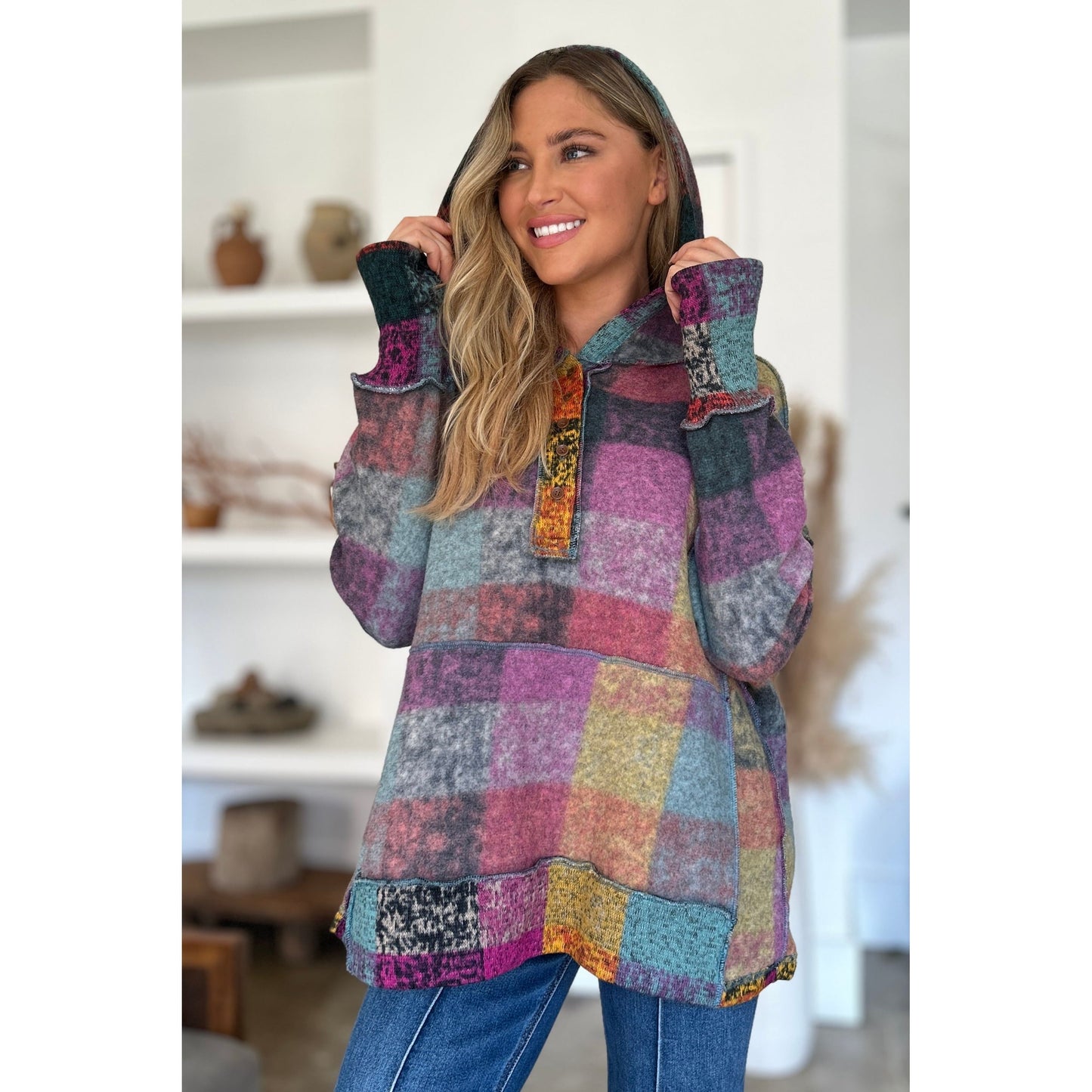 Double Take Full Size Plaid Dropped Shoulder Hoodie