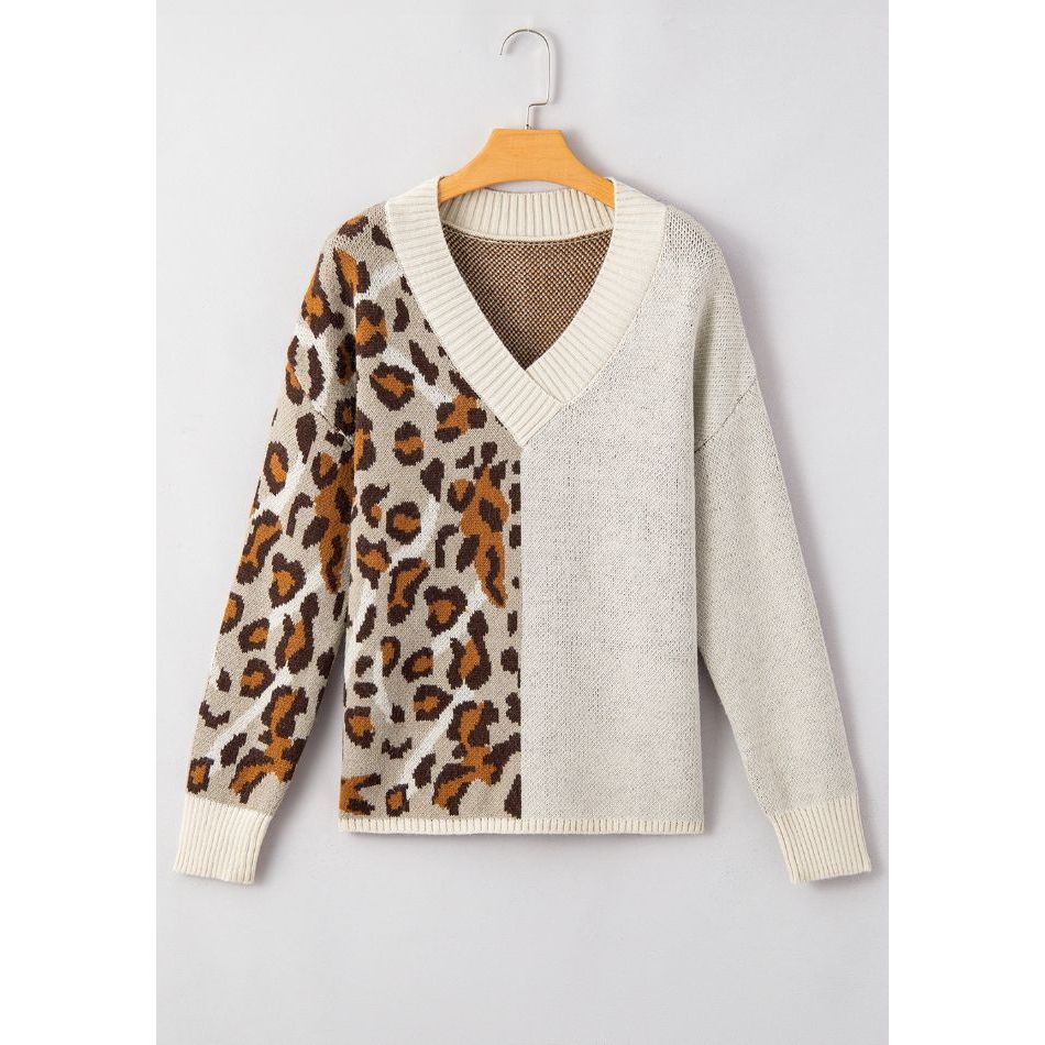 Leopard V Neck Drop Shoulder Sweater