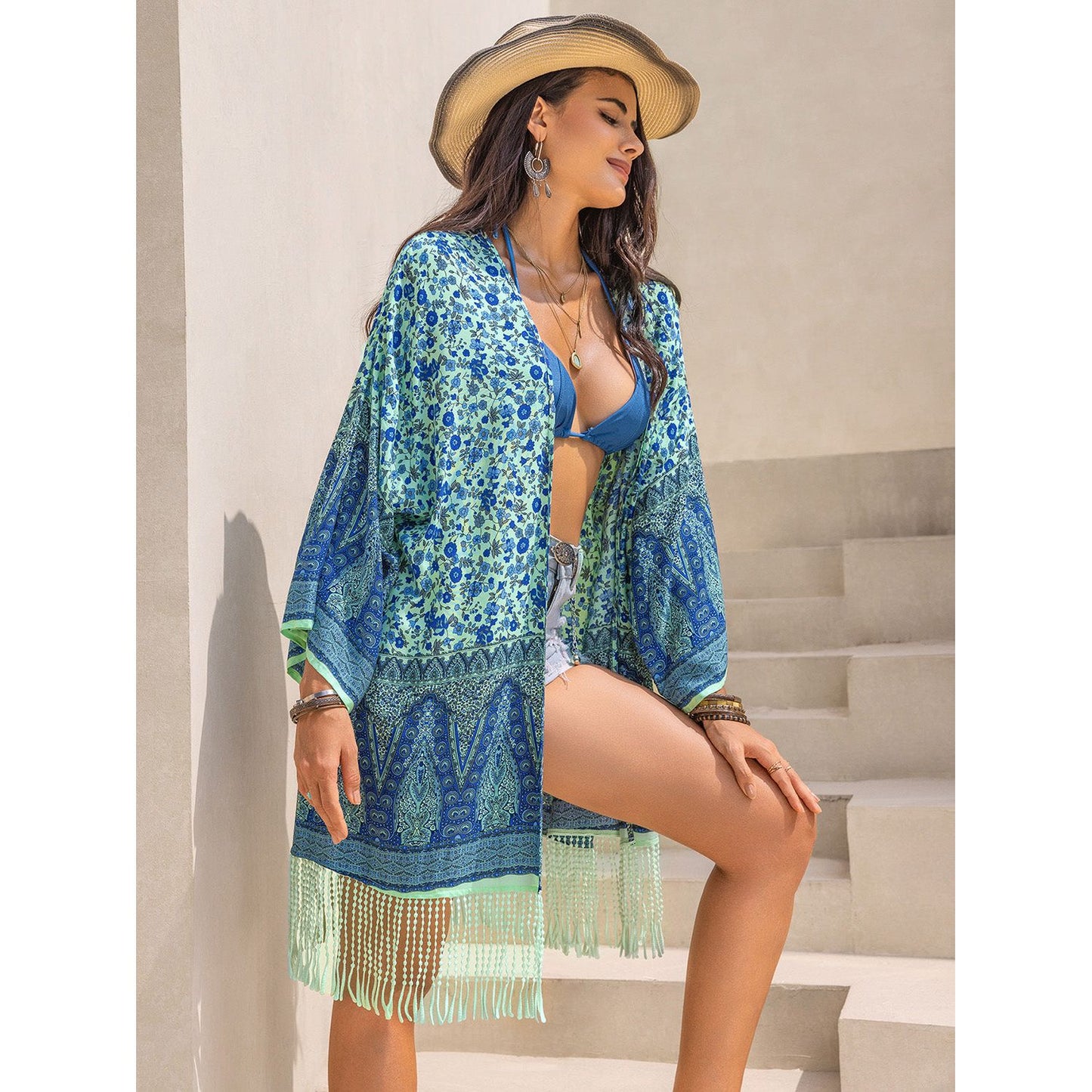 Fringe Printed Open Front Cover-Up