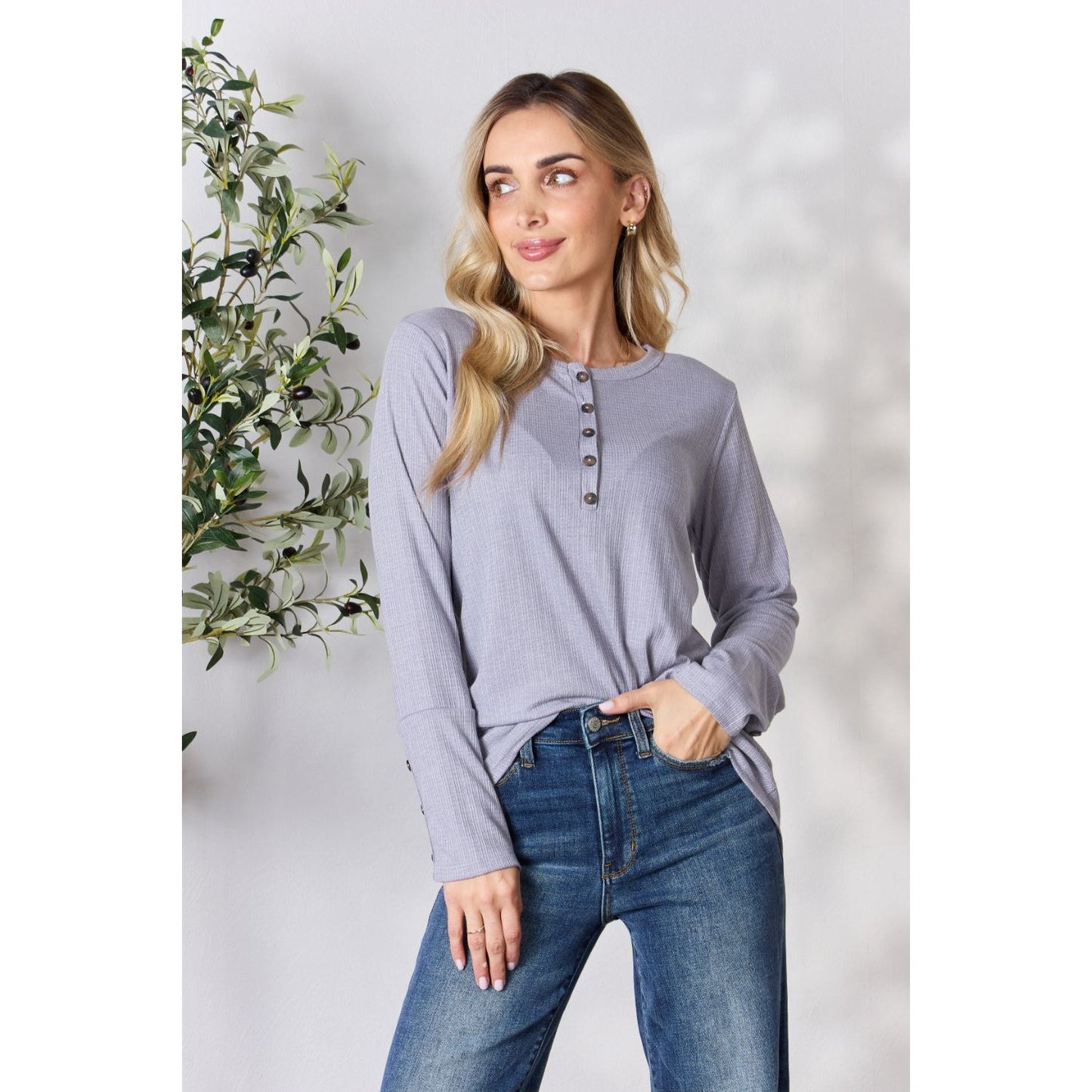 Heimish Full Size Texture Half Button Long Sleeve Top