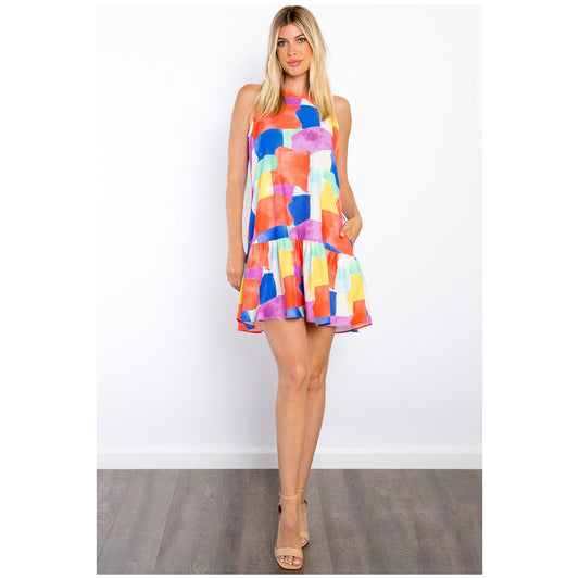 Be Stage Abstract Print Ruffle Hem Mini Dress with Pockets