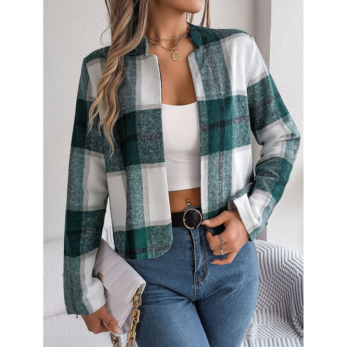 Plaid Open Front Long Sleeve Jacket