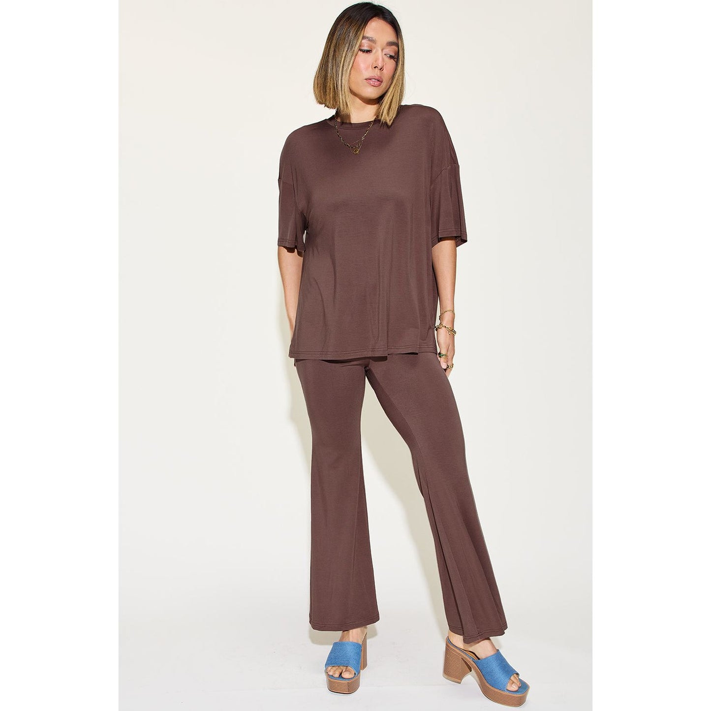 Basic Bae Full Size Bamboo Drop Shoulder T-Shirt and Flare Pants Set