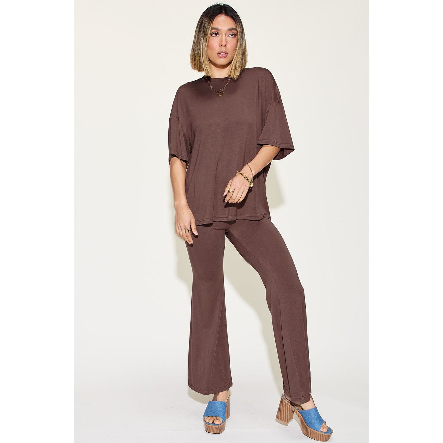 Basic Bae Full Size Bamboo Drop Shoulder T-Shirt and Flare Pants Set