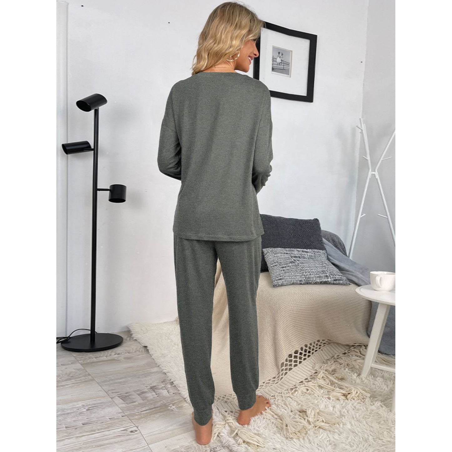 Shiny Round Neck Top and Drawstring Pants Lounge Set