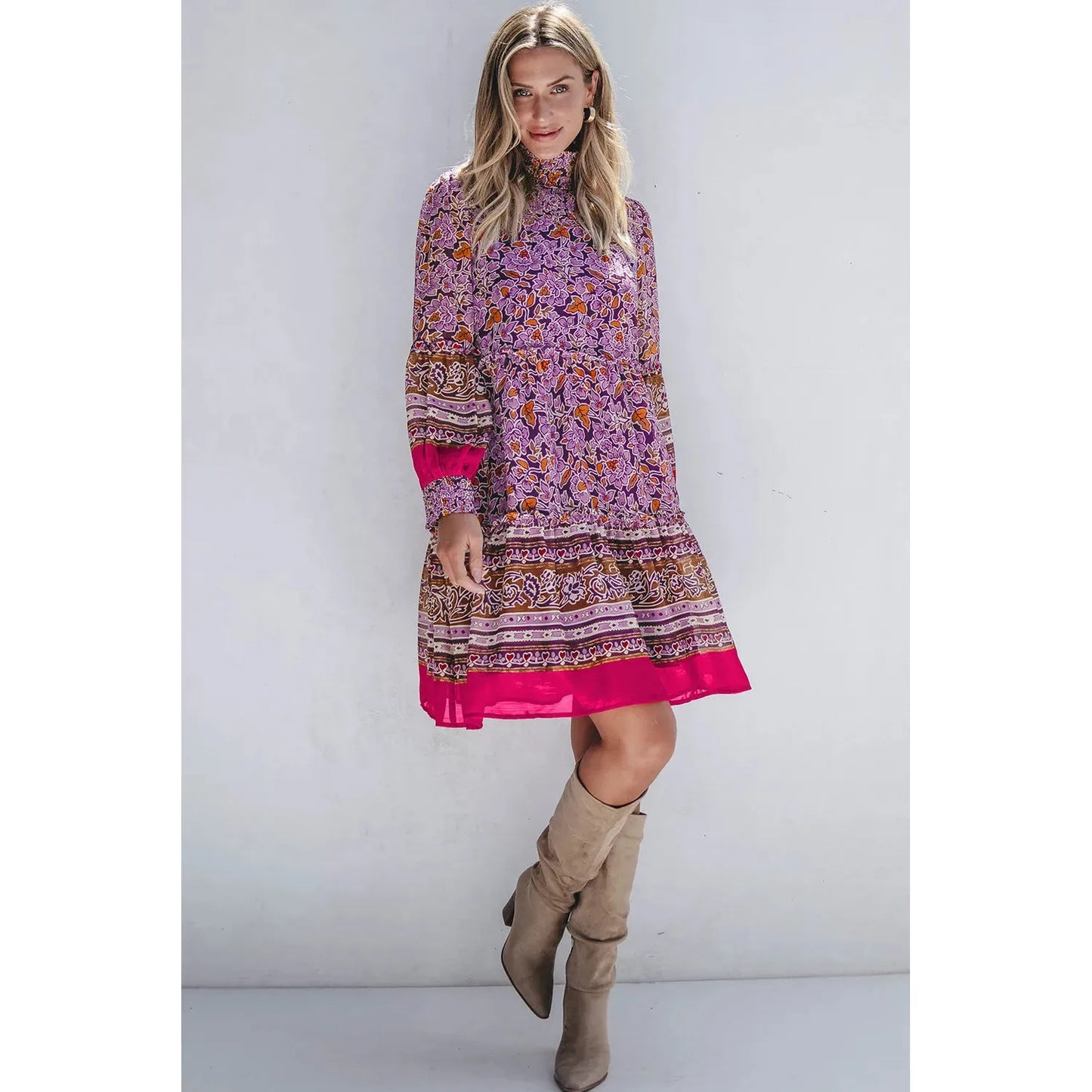 Smocked Floral Turtleneck Long Sleeve Dress