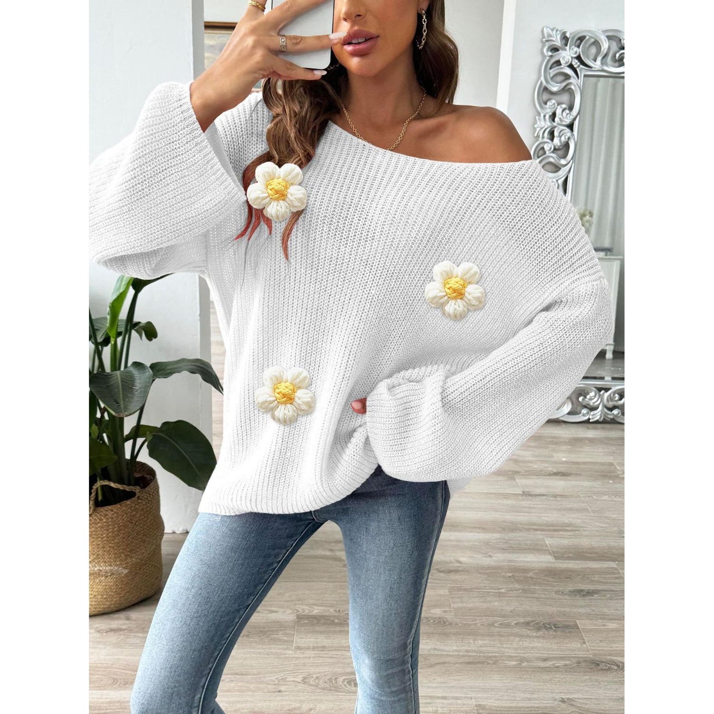 Flower Round Neck Long Sleeve Sweater