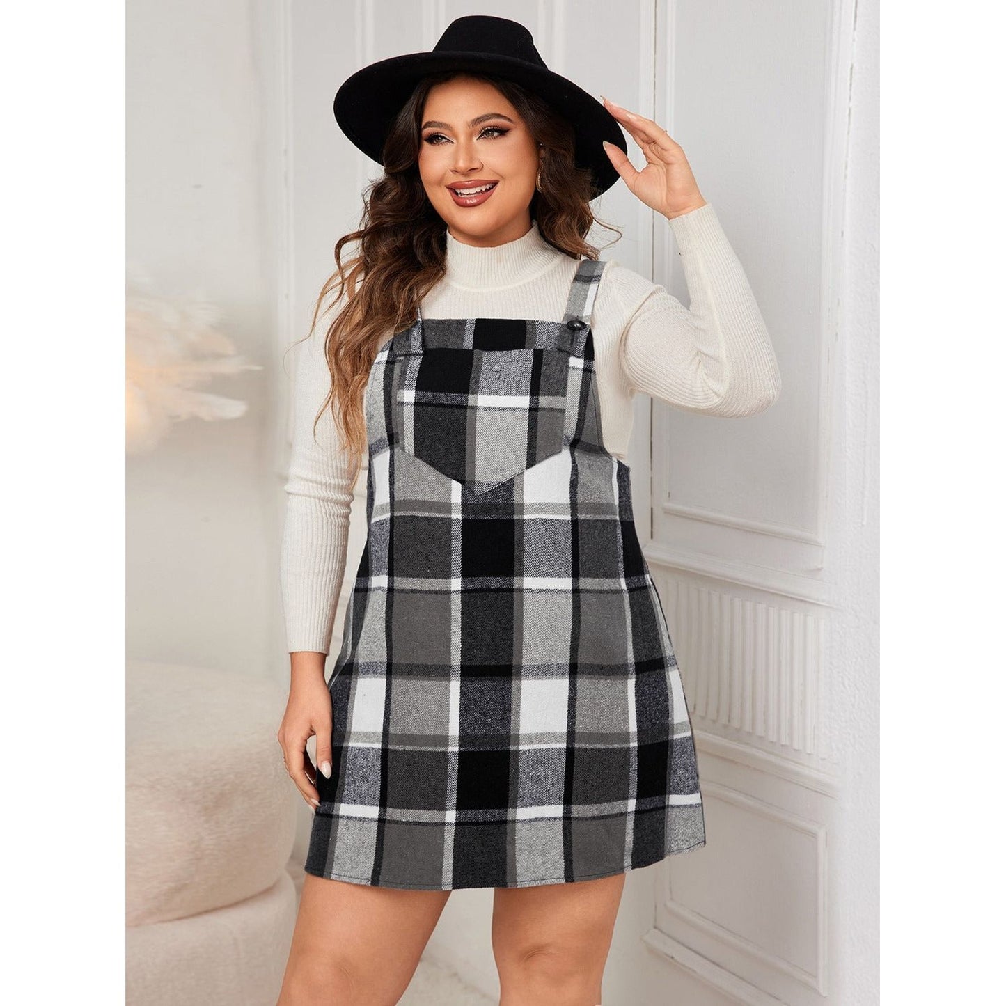 Honey Plus Size Plaid Wide Strap Overall Dress