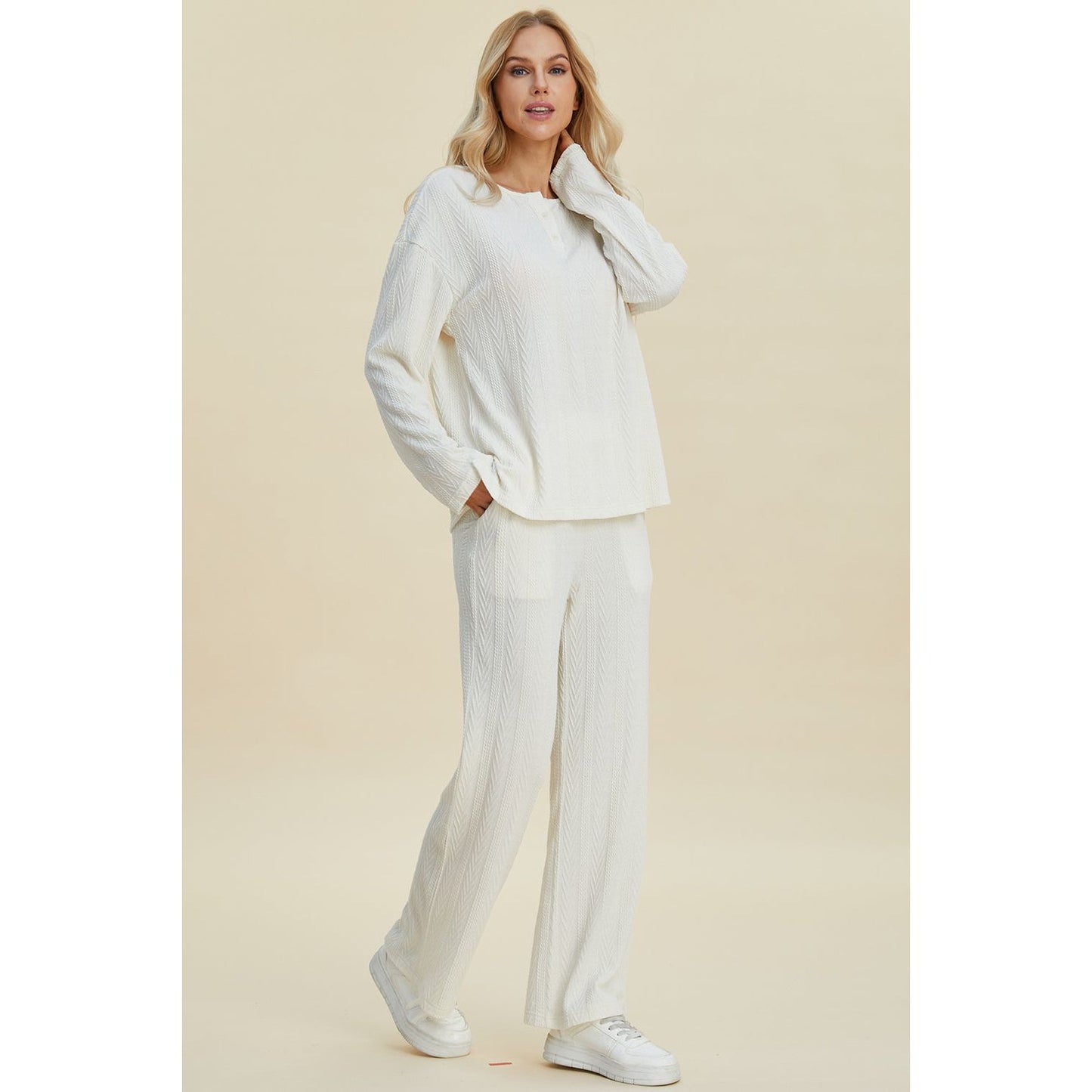 Double Take Full Size Cable-Knit Long Sleeve Top and Pants Set