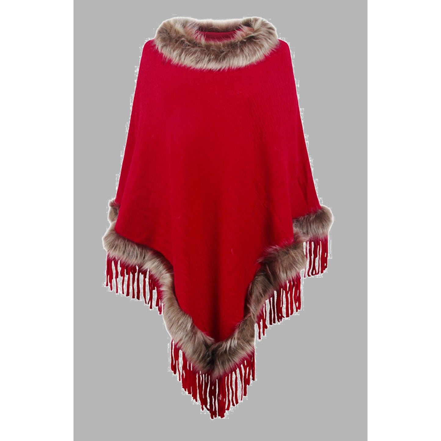 Faux Fur Trim Fringed Poncho