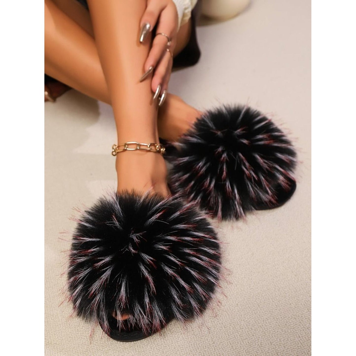 Fuzzy Open Toe Flat Sandals