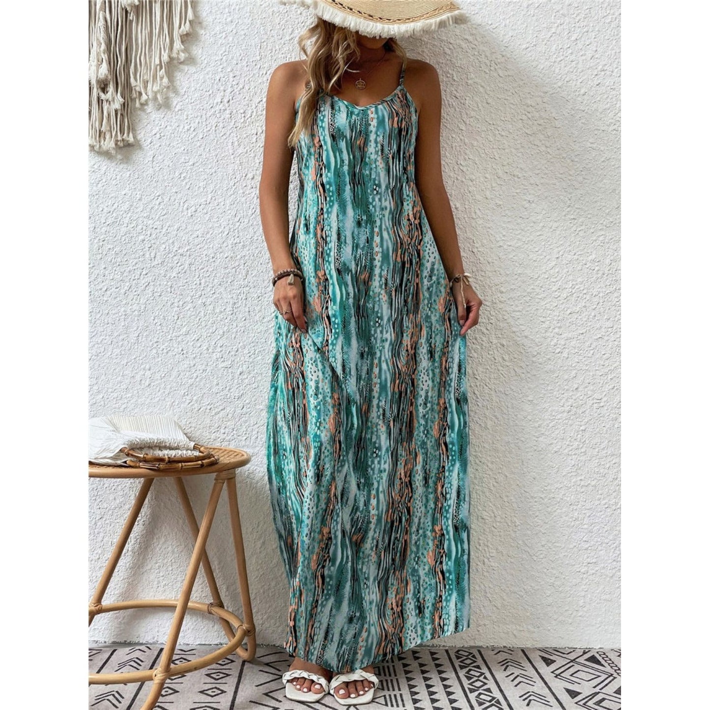 Full Size Printed Scoop Neck Maxi Cami Dress