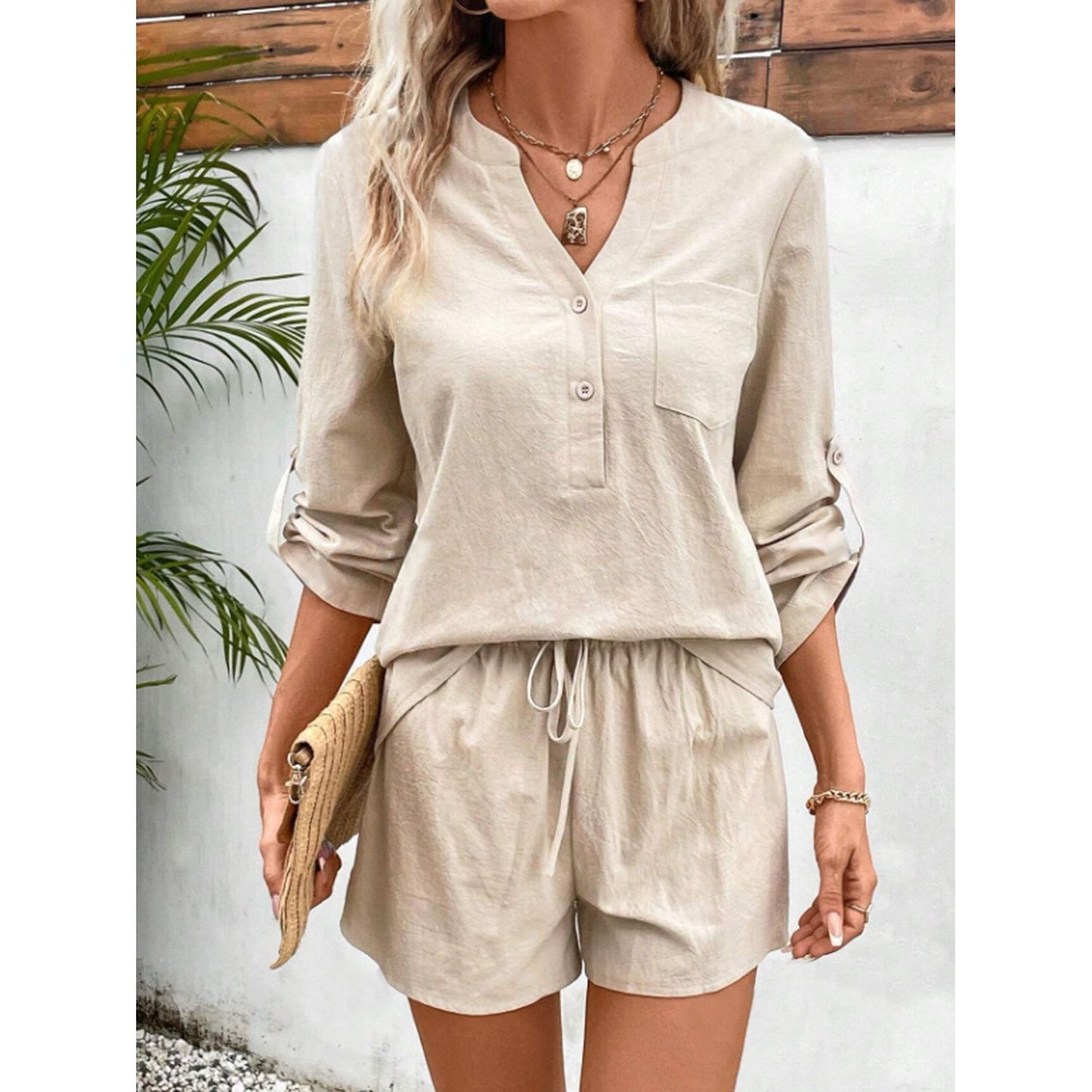 Notched Long Sleeve Top and Shorts Set