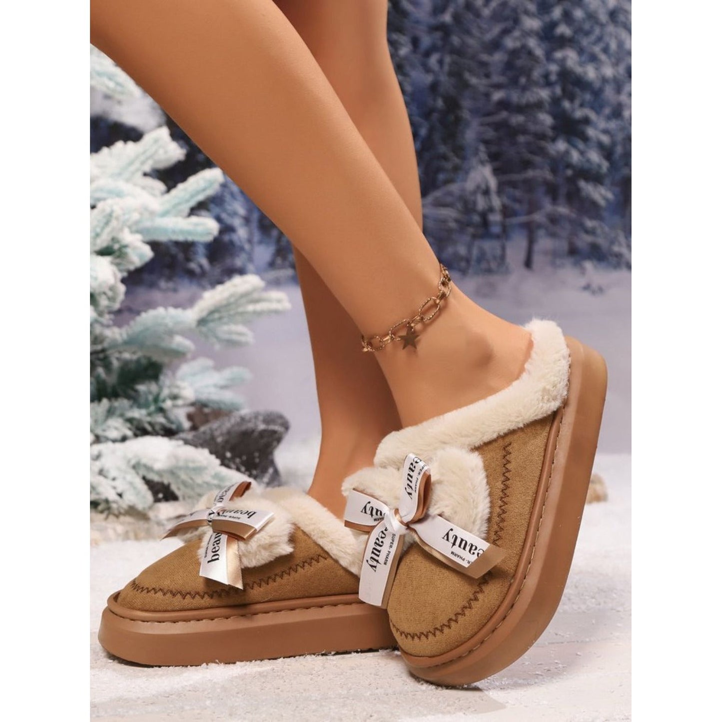 Bow Suede Platform Plush Slippers