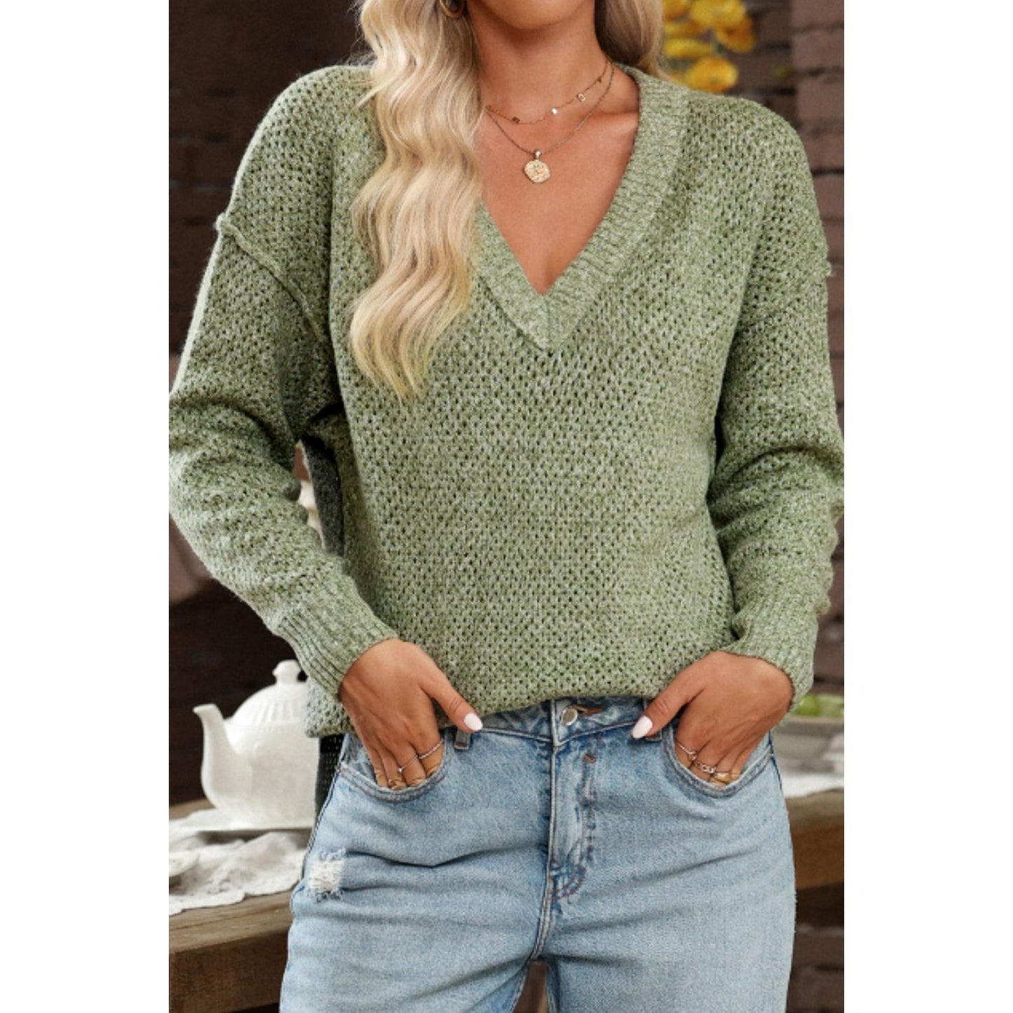 V-Neck Dropped Shoulder Long Sleeve Sweater