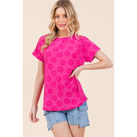 BOMBOM Textured Floral Pattern Short Sleeve T-Shirt