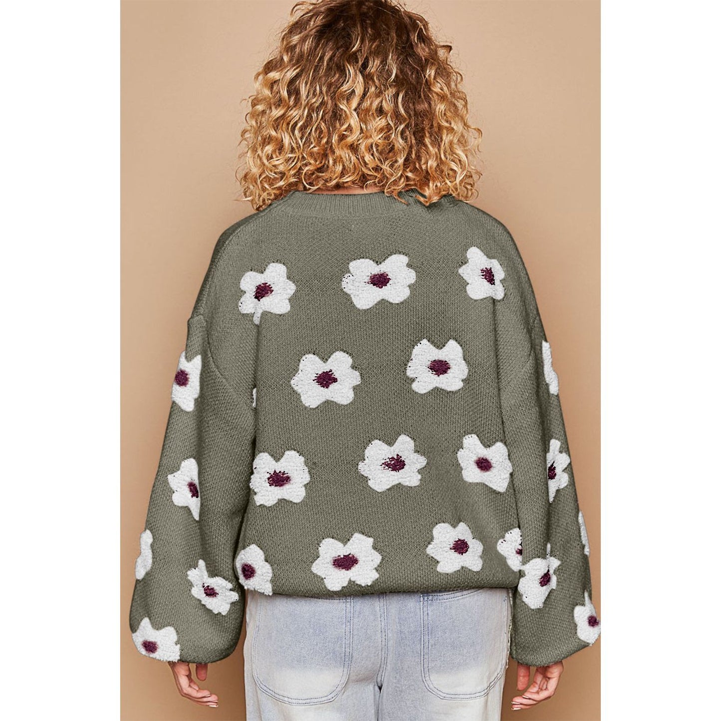 POL Daisy Pattern Drop Shoulder Sweater