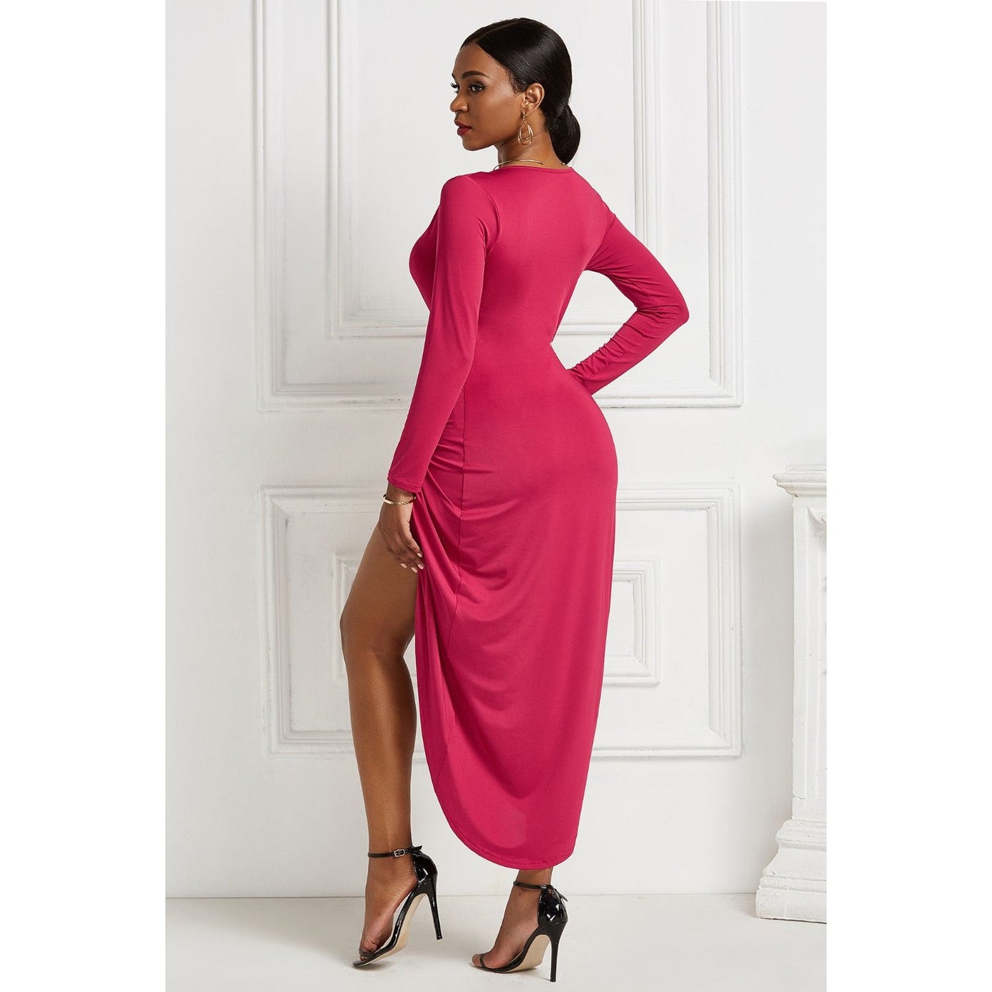 High-low Ruched Surplice Long Sleeve Dress