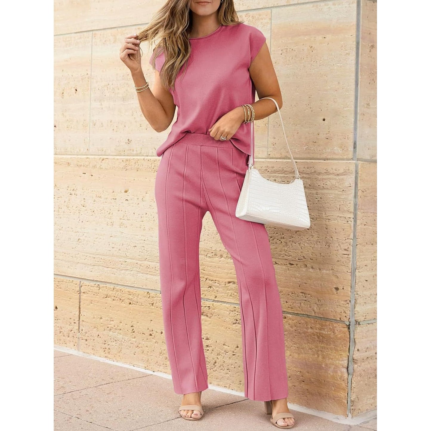 Round Neck Cap Sleeve Top and Pants Knit Set