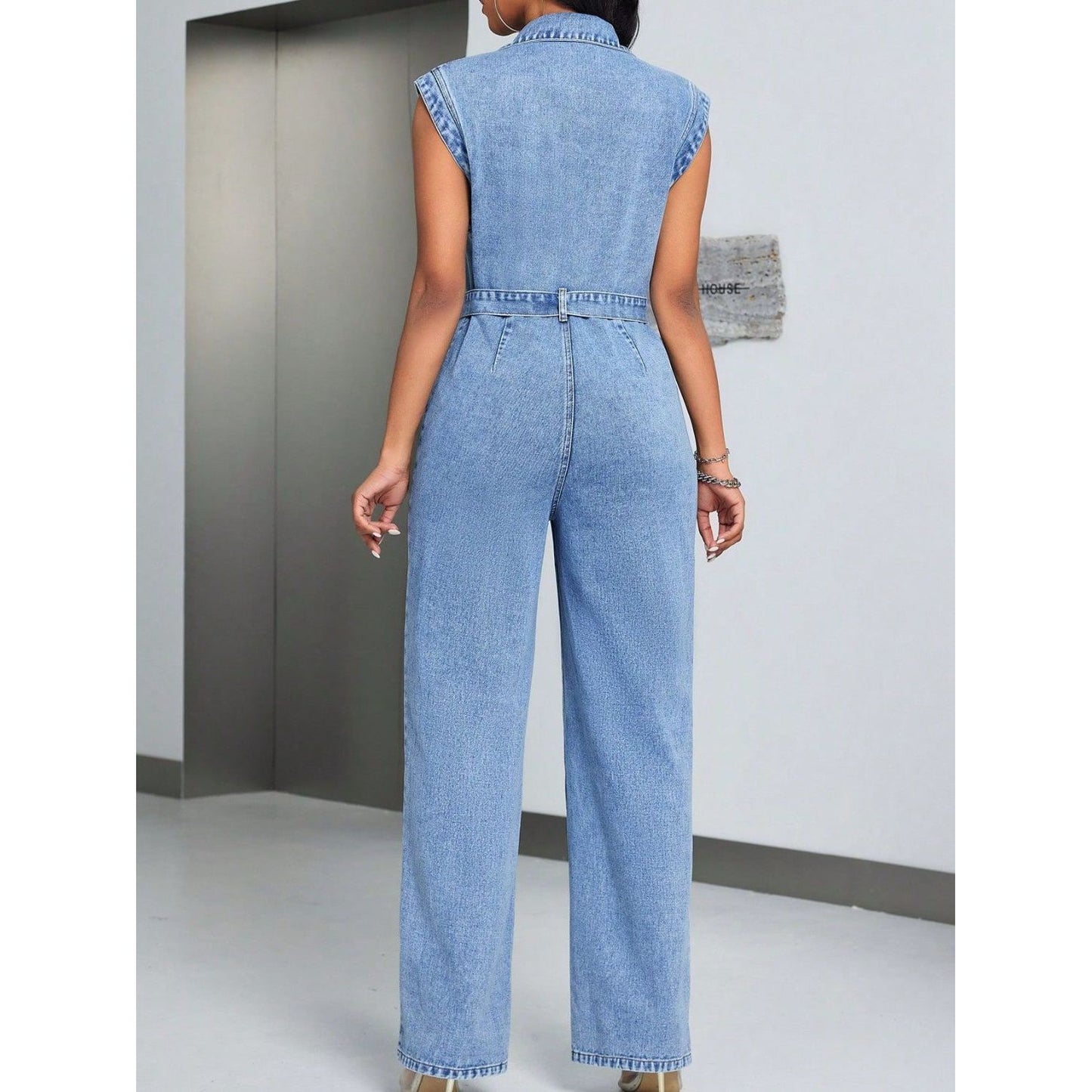 Tied Half Button Denim Jumpsuit with Pockets