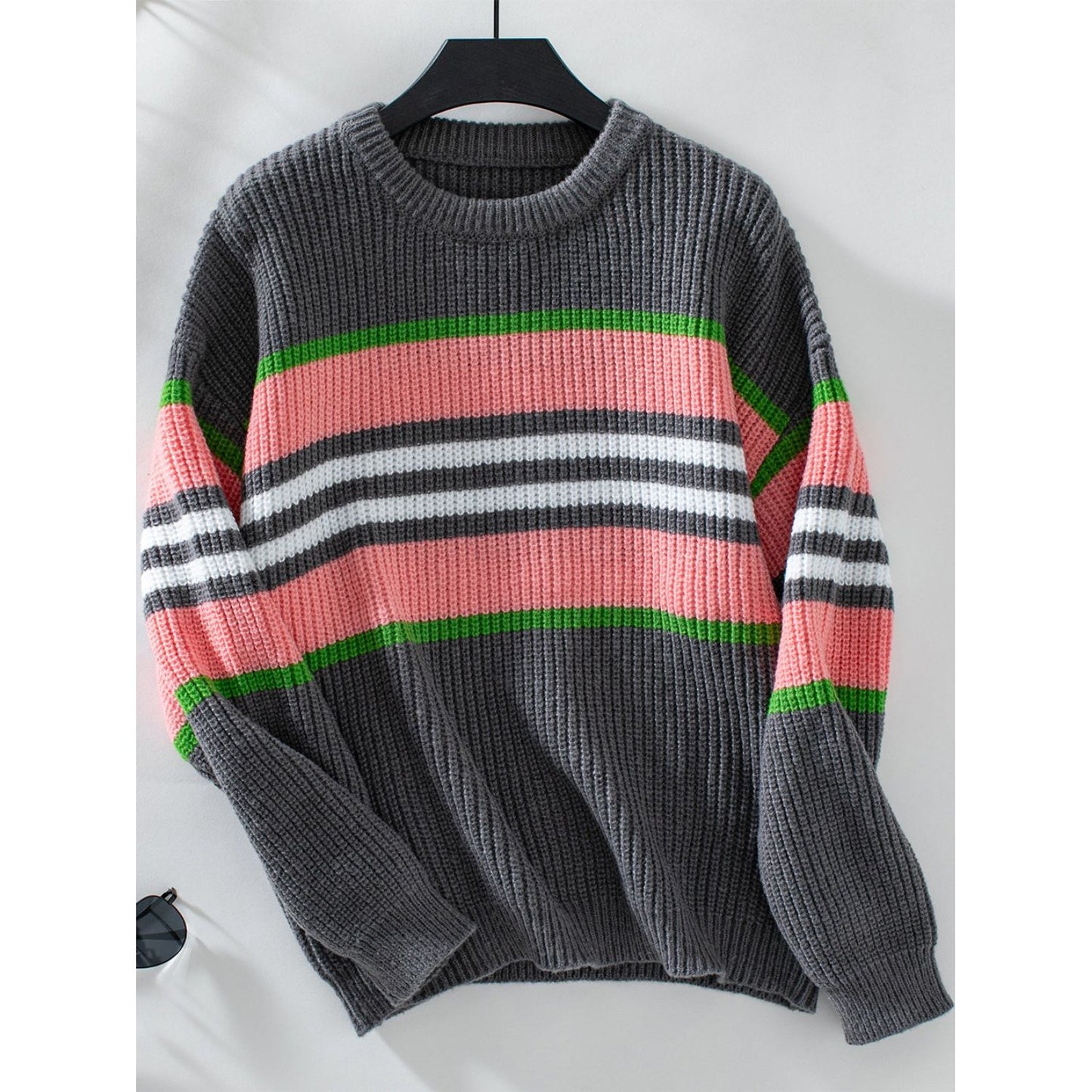 Contrast Stripes Round Neck Long Sleeve Sweater