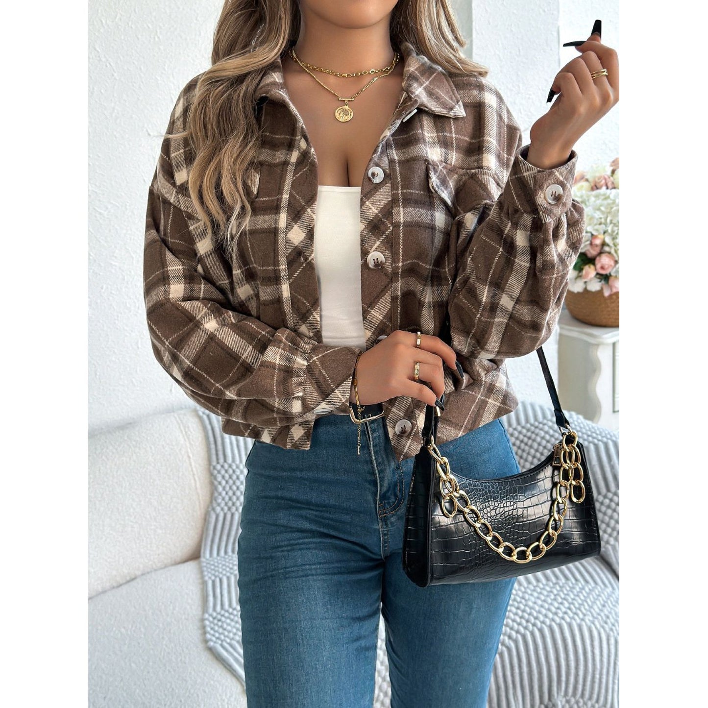 Plaid Button Up Long Sleeve Jacket