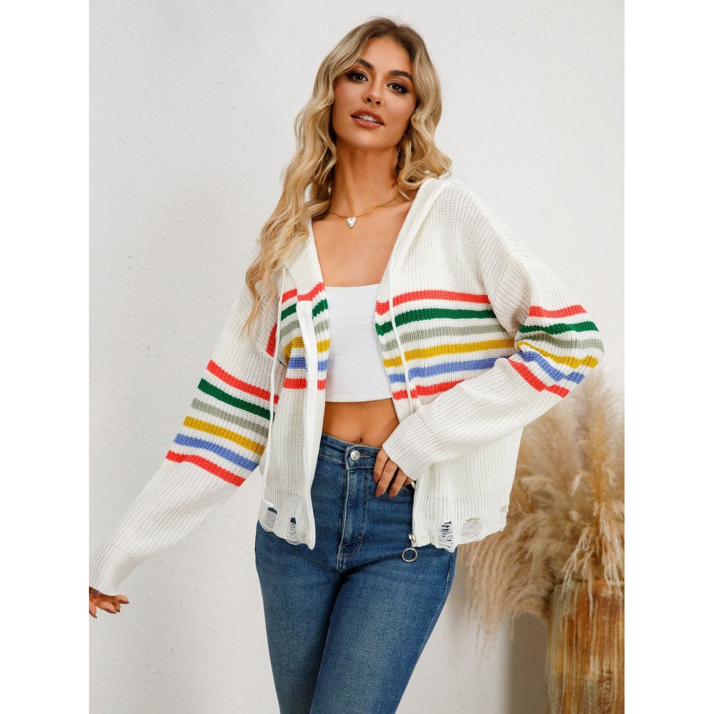 Drawstring Striped Dropped Shoulder Hooded Cardigan