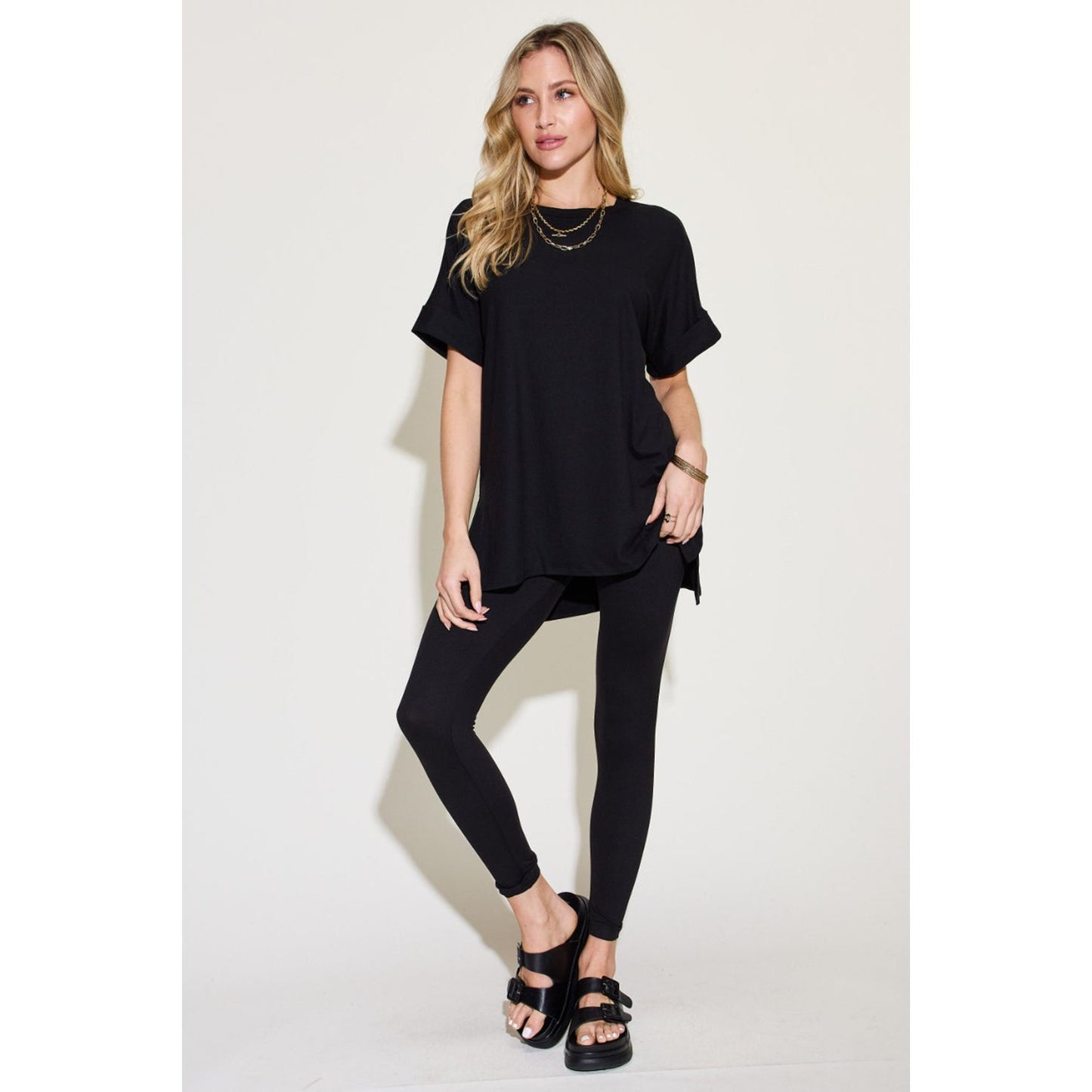 Zenana Plus Size Short Sleeve Slit T-Shirt and Leggings Lounge Set