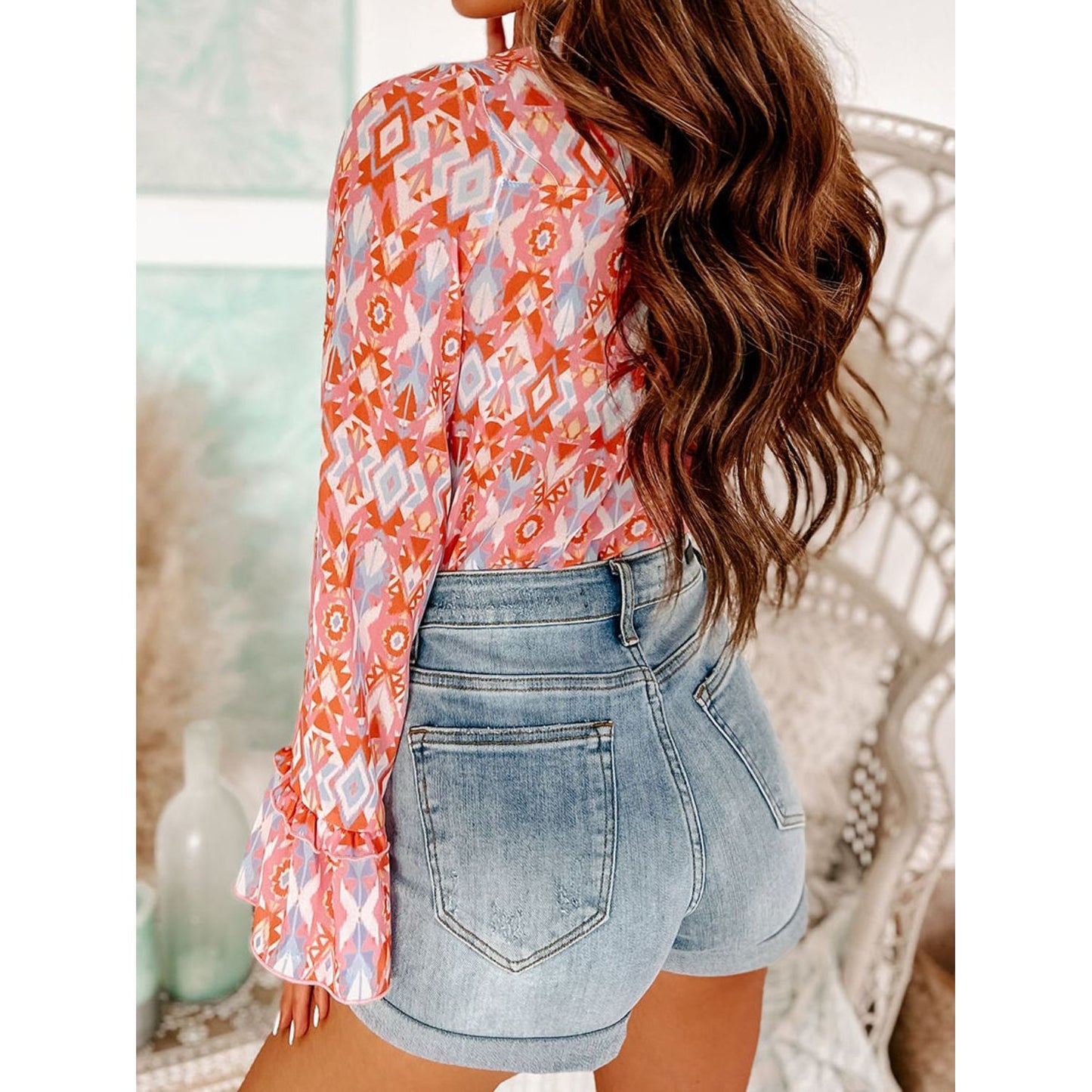 Printed Surplice Neck Frill Trim Bodysuit