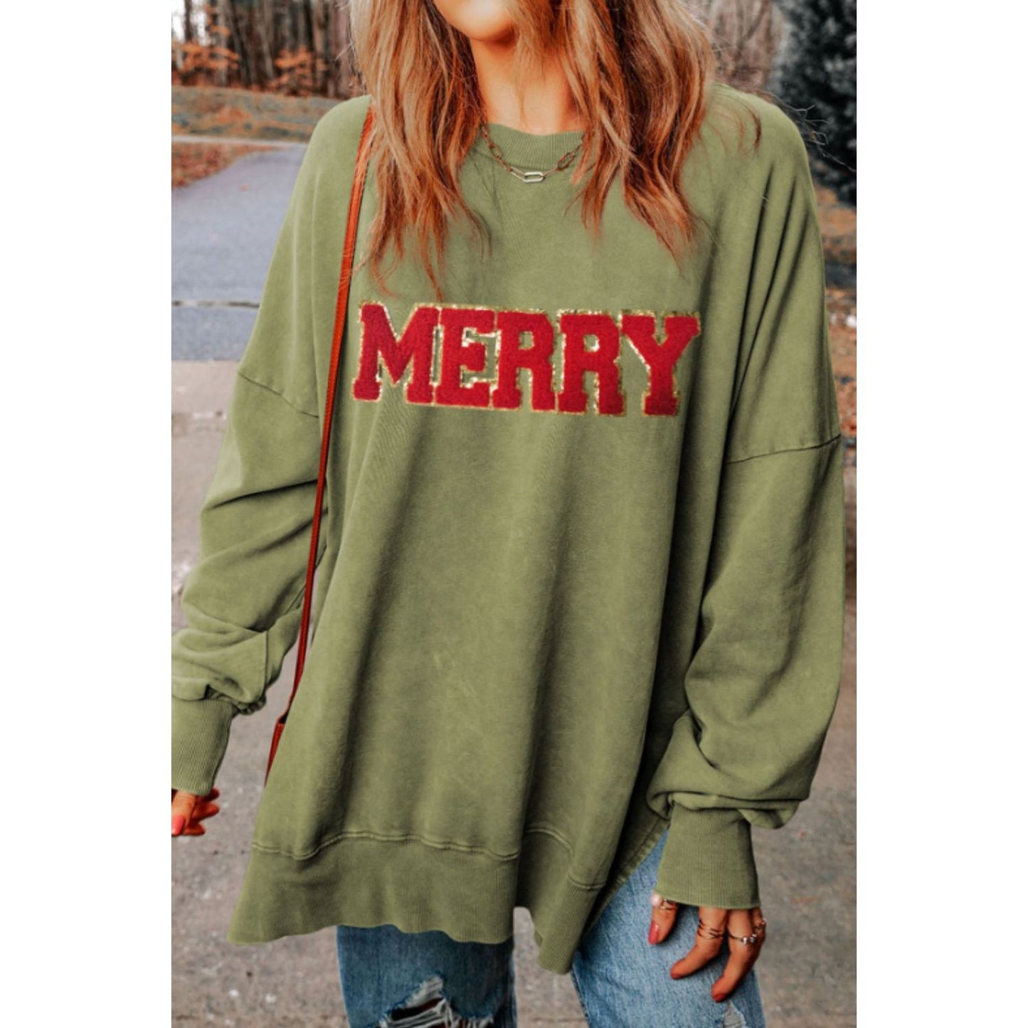 MERRY Side Slit Long Sleeve Sweatshirt