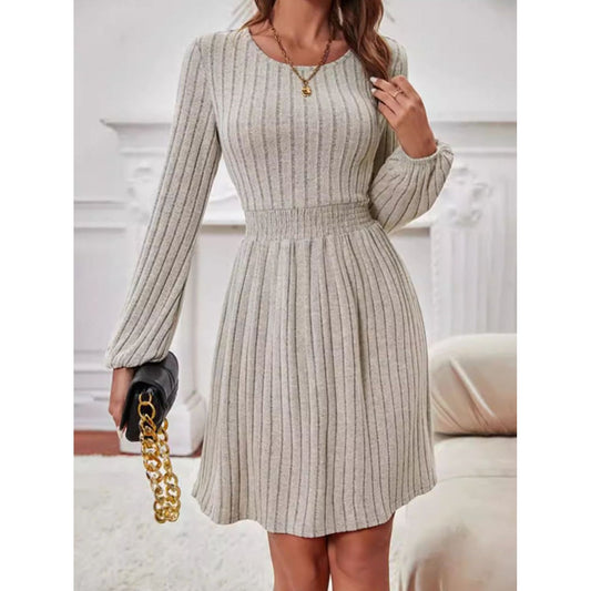 Smocked Round Neck Long Sleeve Knee Length Dress