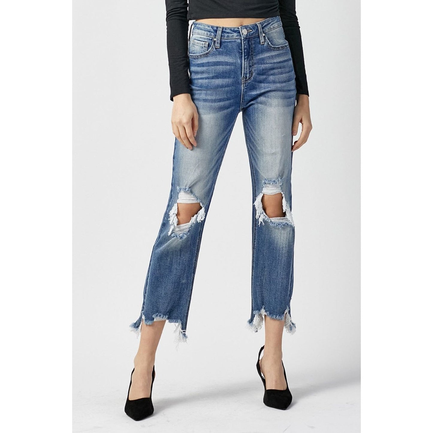 RISEN High Waist Distressed Frayed Hem Cropped Straight Jeans