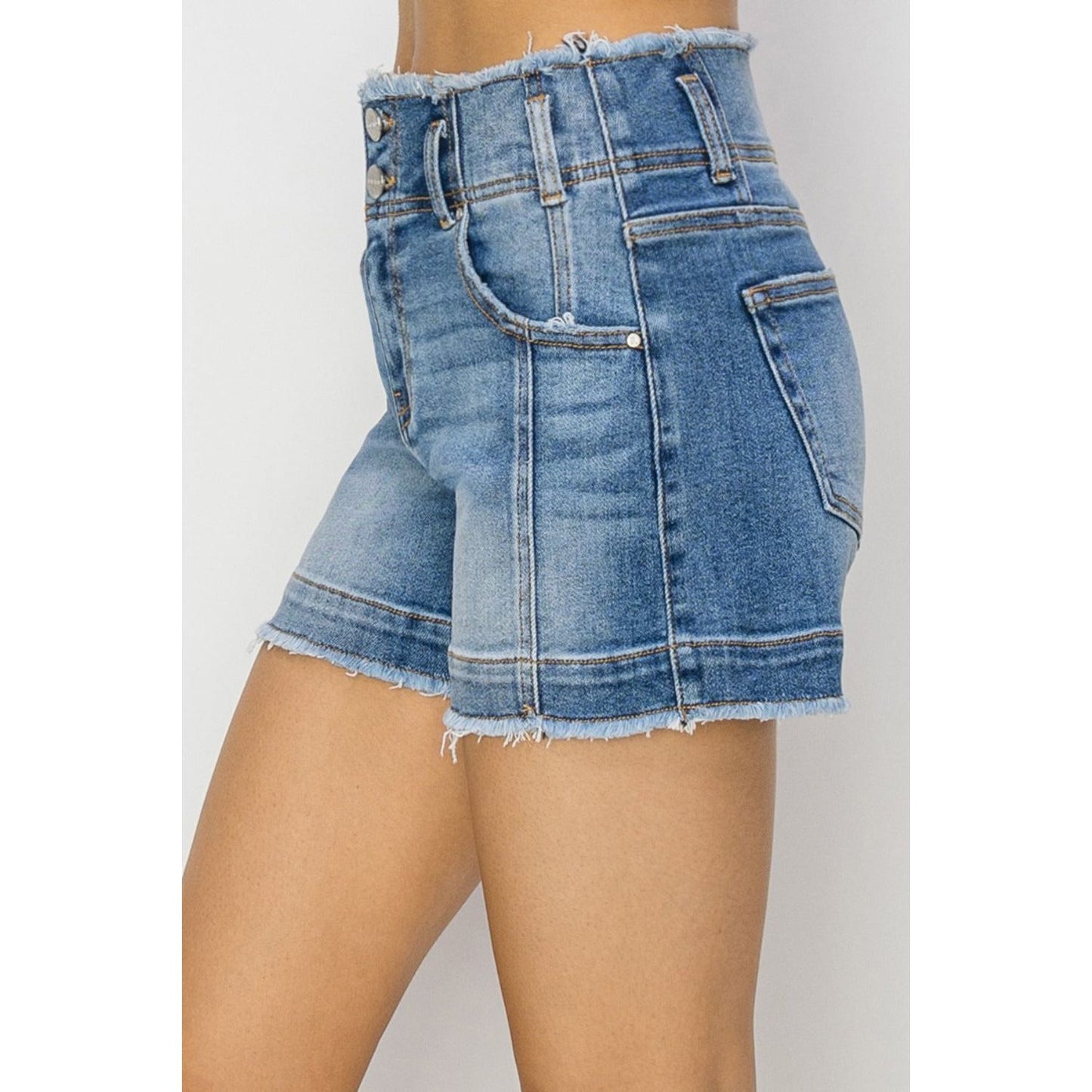 RISEN High Rise Seam Detailed Raw Edge Denim Shorts