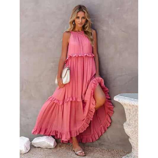 Ruffled Sleeveless Tiered Maxi Dress with Pockets