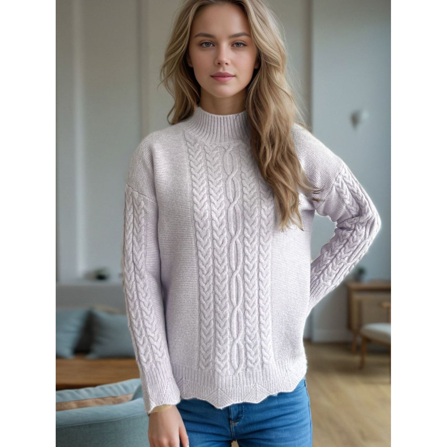 Cable-Knit Mock Neck Dropped Shoulder Sweater