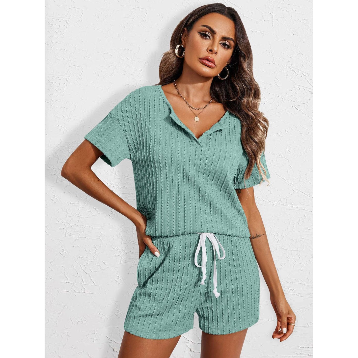 Notched Short Sleeve Top and Shorts Set