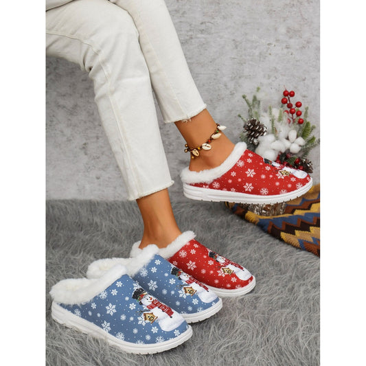 Snowman Print Flat Slippers with Faux Fur