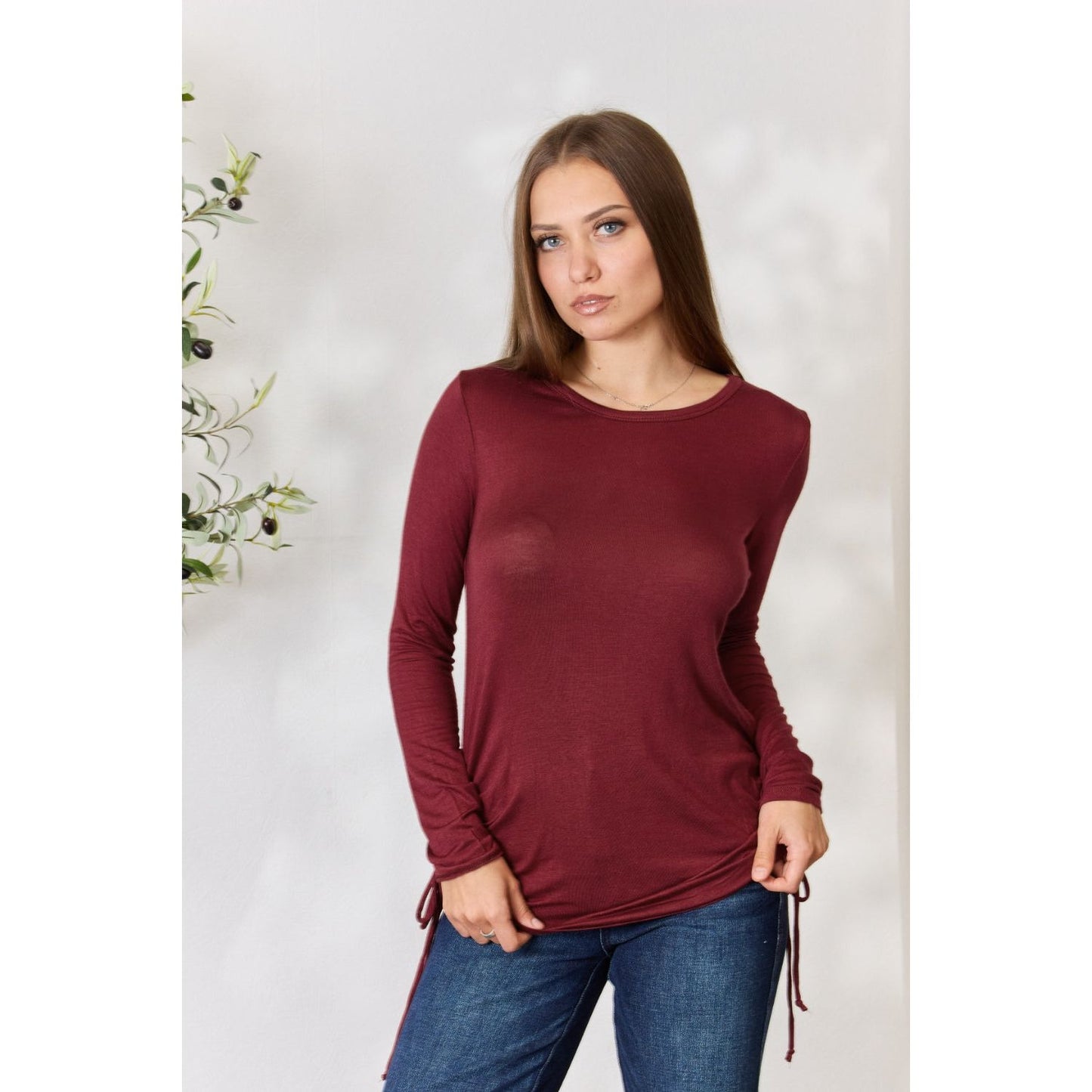 Culture Code Full Size Drawstring Round Neck Long Sleeve Top