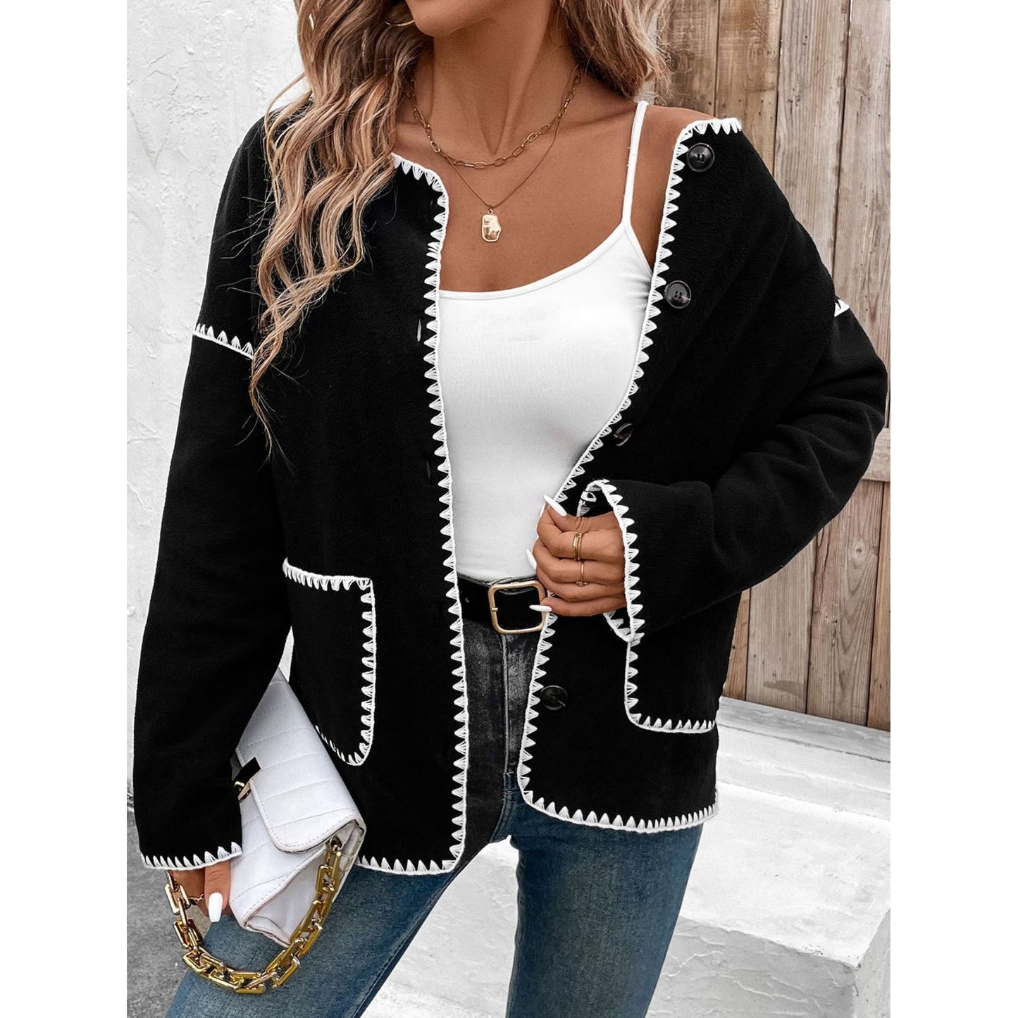 Perfee Pocketed Contrast Button Up Jacket