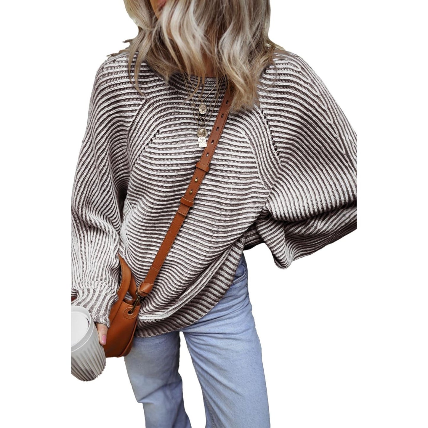 Textured Striped Round Neck Long Sleeve Top